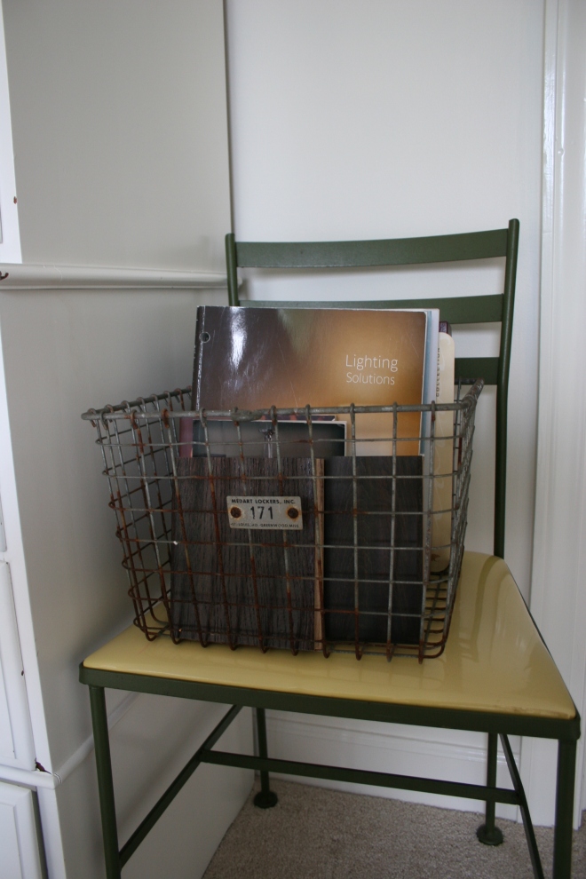 Old gym locker basket and a chair that we won at an estate auction- we got two for $5!